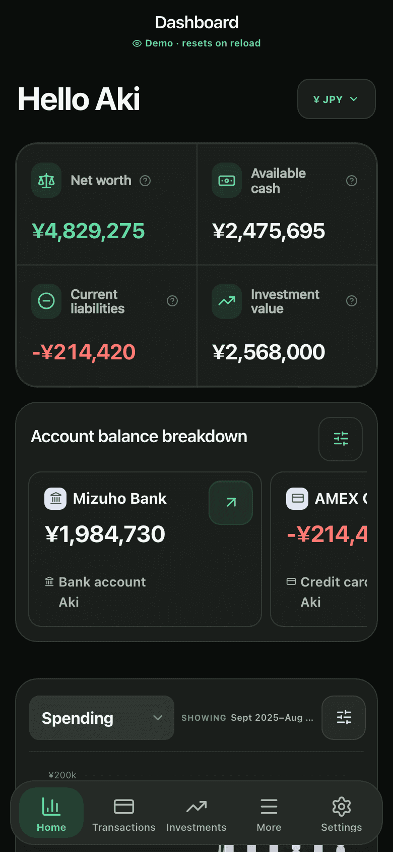 Development preview of the Michi iOS app with sample account cards and bottom navigation.